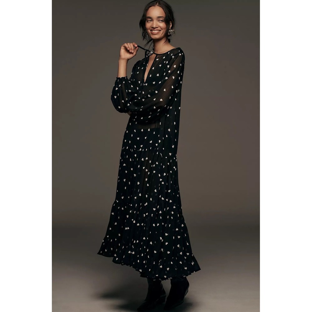 Anthropologie Maeve Sheer Ditsy Heart Kaftan Dress One Size Black White
